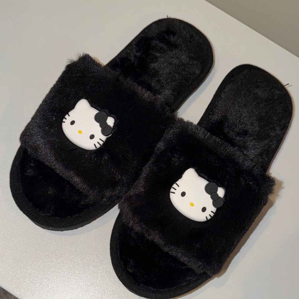Black Plush Hello Kitty Slide Slippers